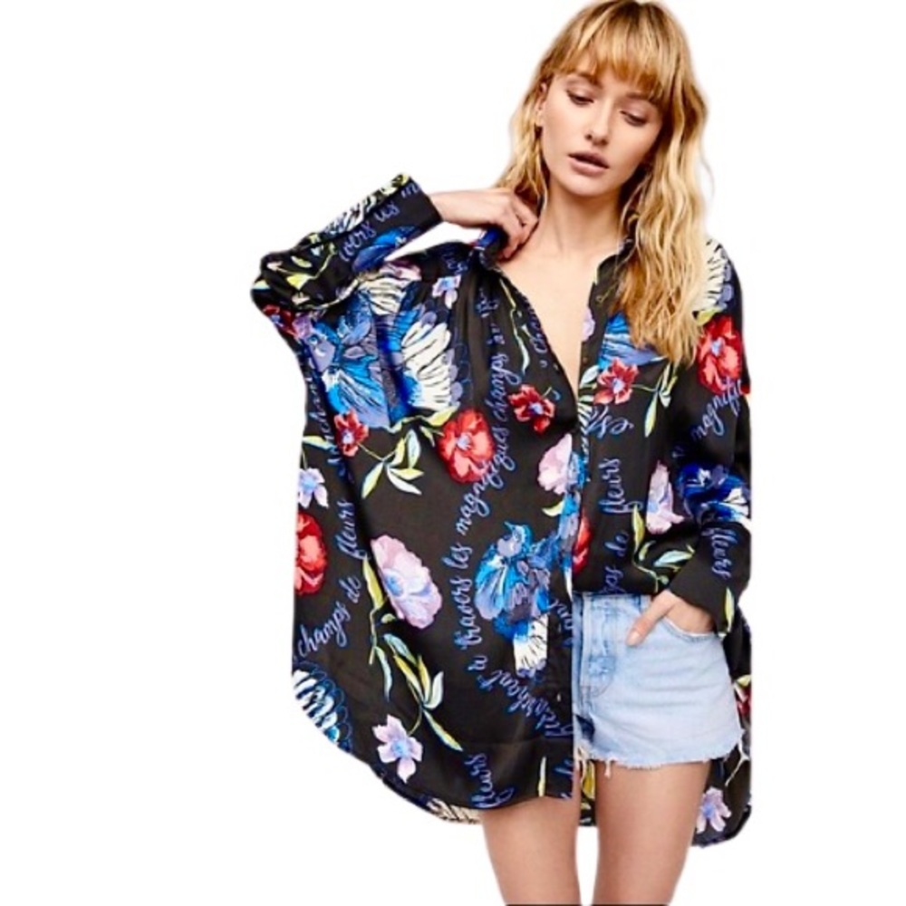 FREE PEOPLE SILKY NIGHTS FLORAL BUTTON DOWN TUNIC